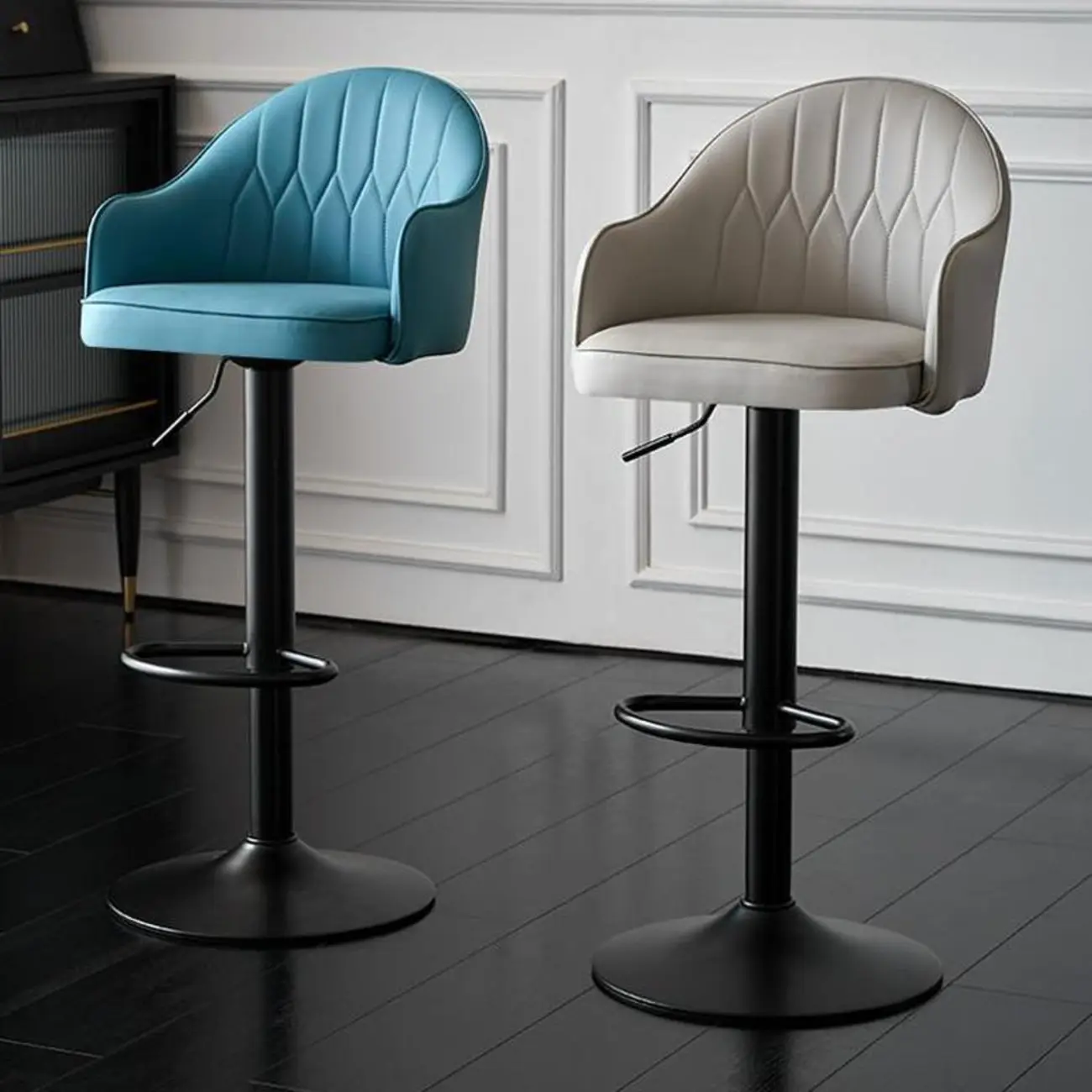 Swivel Upholstered Adjustable Height Home Armed Barstool with Metal Base | homeyfad