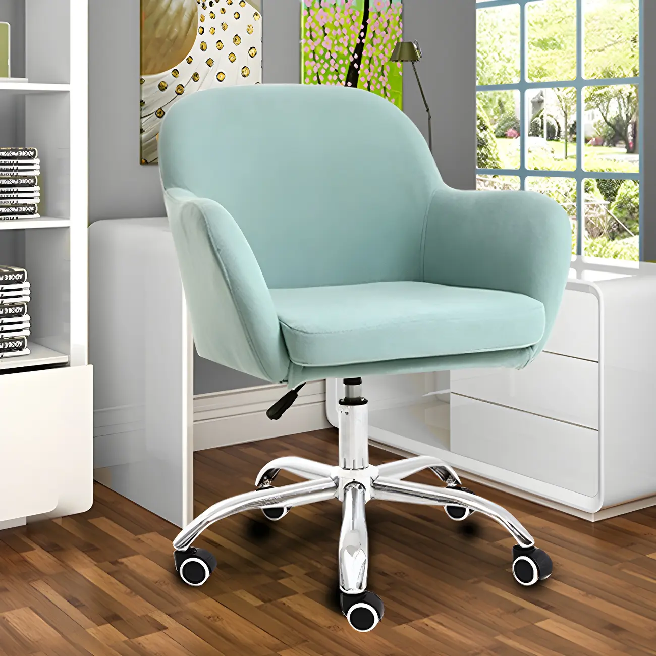 Low-back Green Fabric Swivel Office Chair with Arm Image - 5 | homeyfad