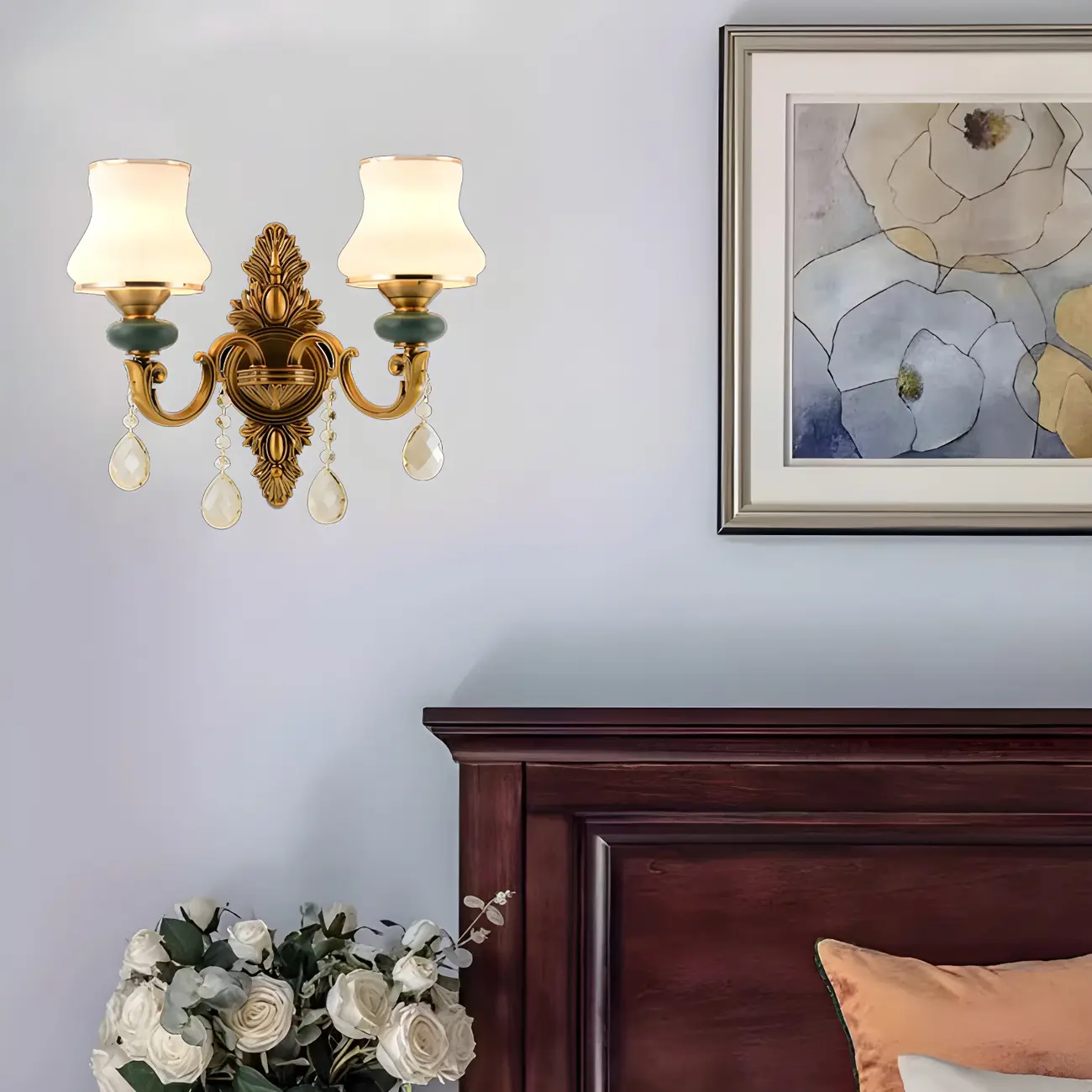 Vintage Brass Dual Arm Sconce with Crystal Accents Image - 1 | homeyfad