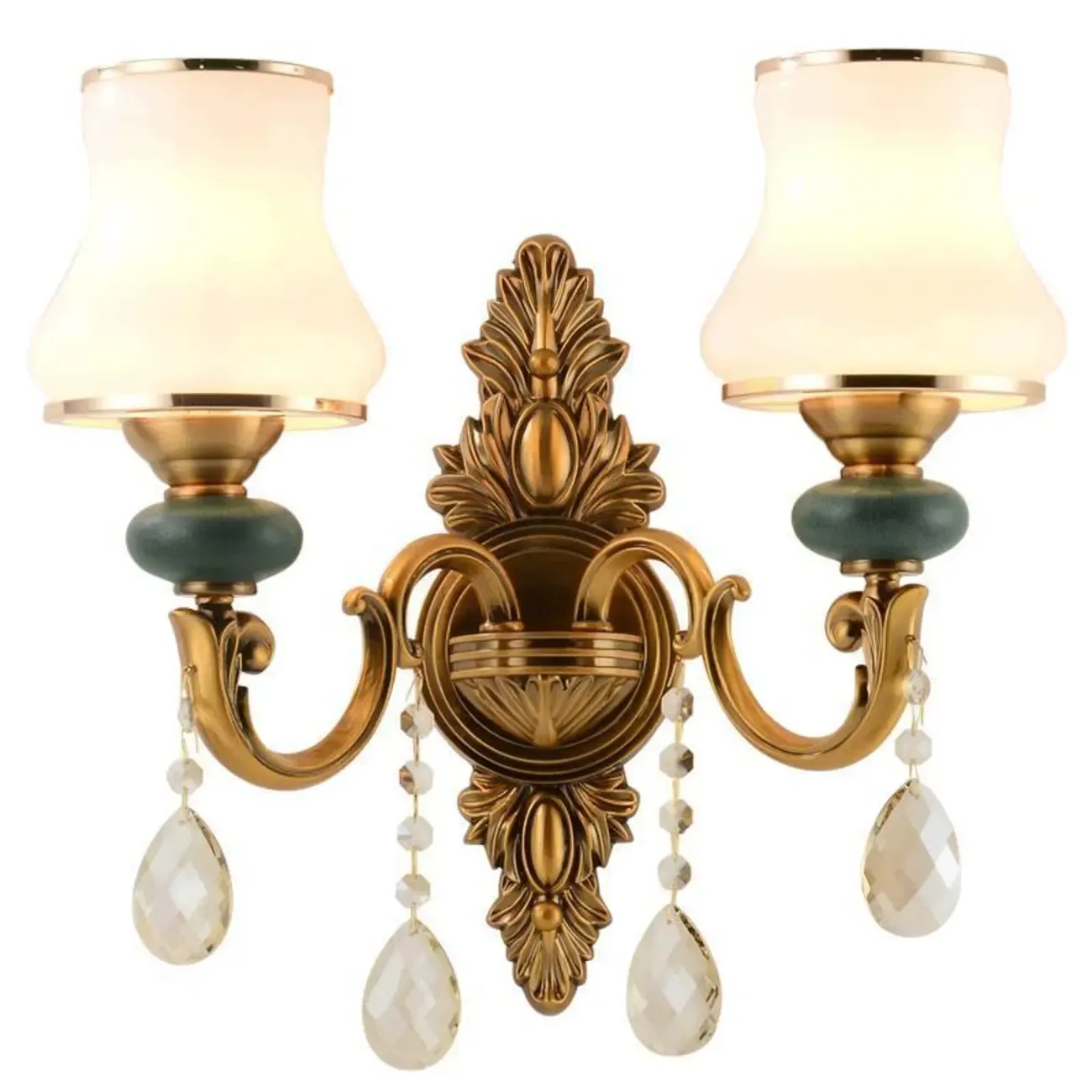 Vintage Brass Dual Arm Sconce with Crystal Accents Image - 9