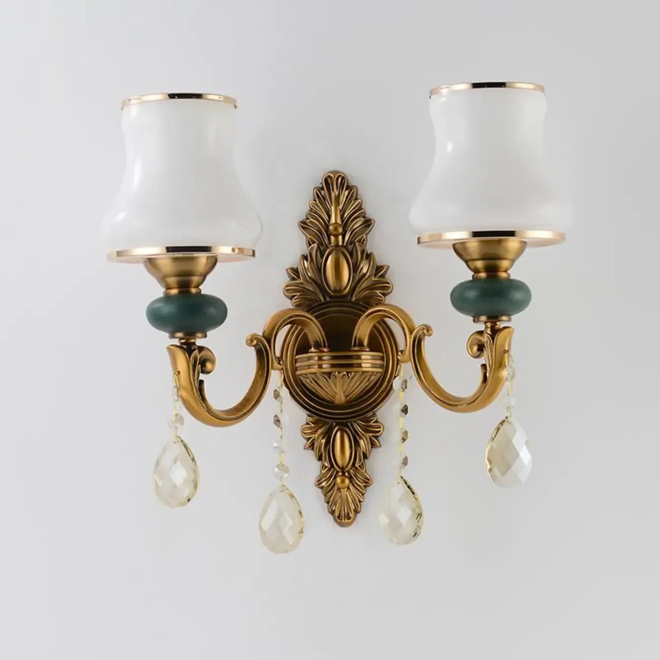 Vintage Brass Dual Arm Sconce with Crystal Accents Image - 5