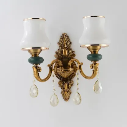 Vintage Brass Dual Arm Sconce with Crystal Accents Image - 5