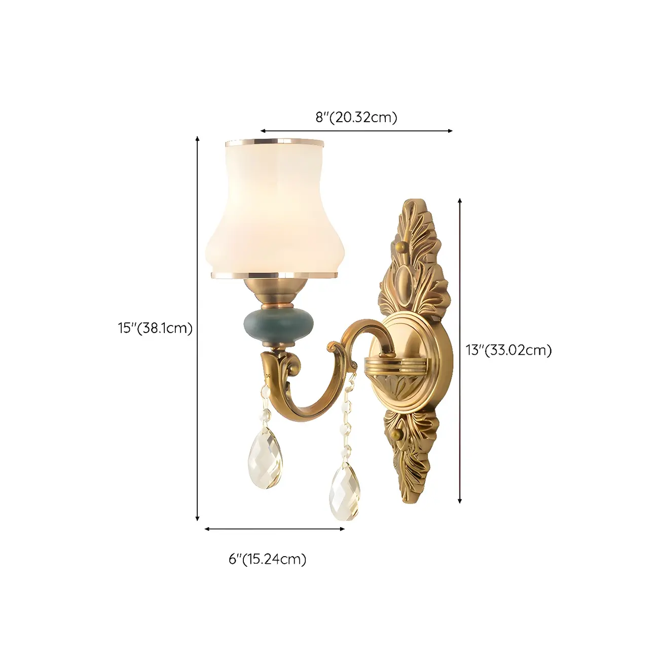 Vintage Brass Dual Arm Wall Sconce with Crystal Accents #size