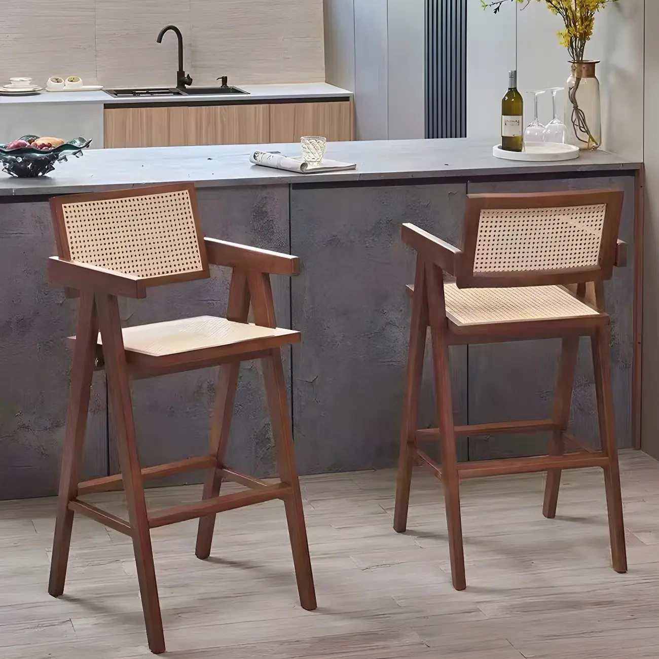 Vintage High Quality Wooden Stylish Comfort Rattan Bar Stool Image - 3 | homeyfad