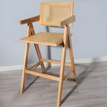 Vintage High Quality Wooden Stylish Comfort Rattan Bar Stool Image - 9