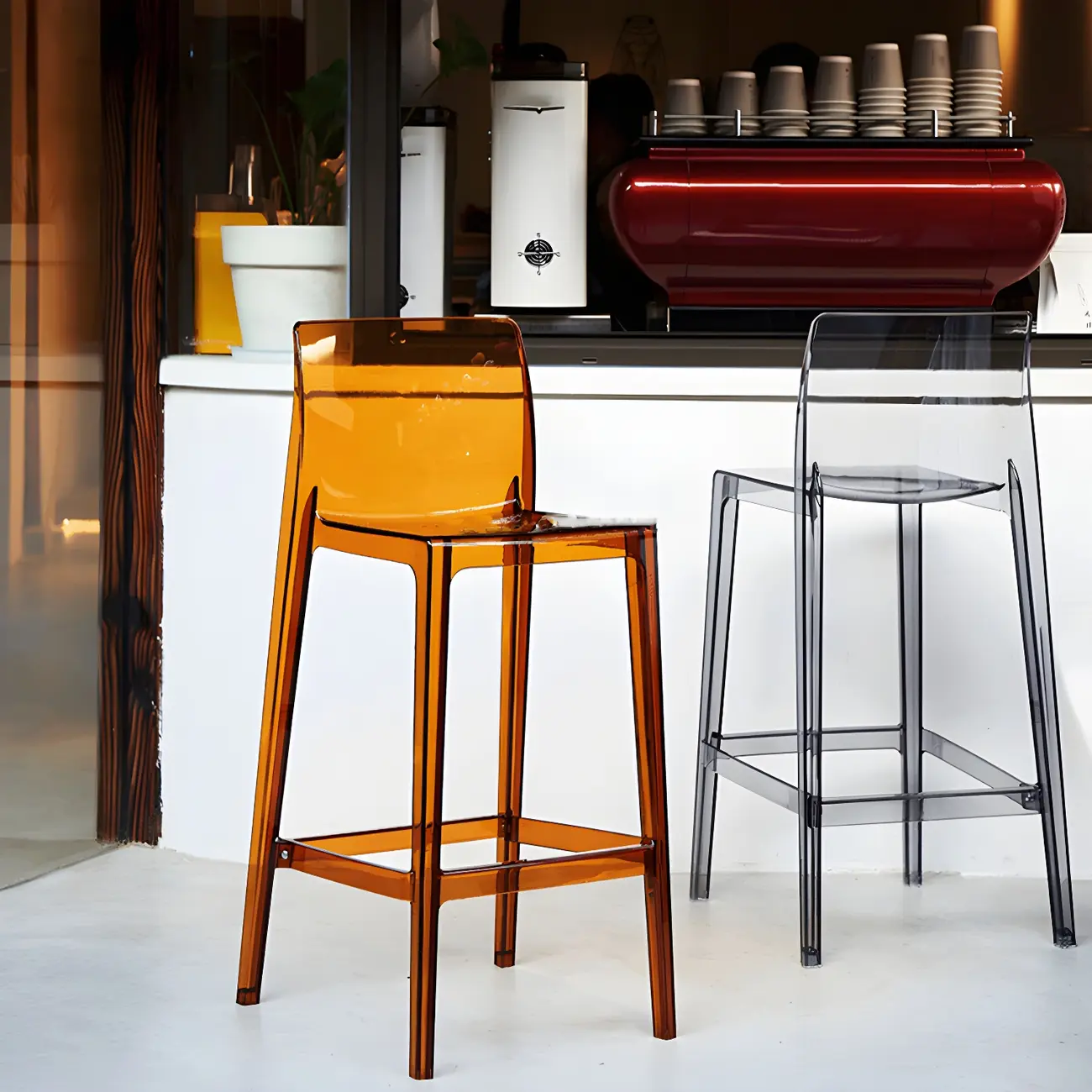 Transparent Amber Acrylic Sleek Square High Bar Stool Image - 4 | homeyfad