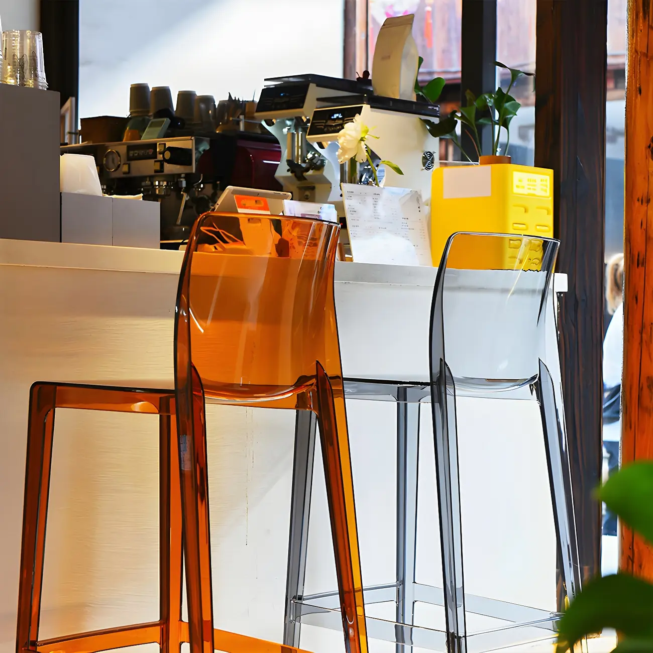 Transparent Amber Acrylic Sleek Square High Bar Stool Image - 5 | homeyfad