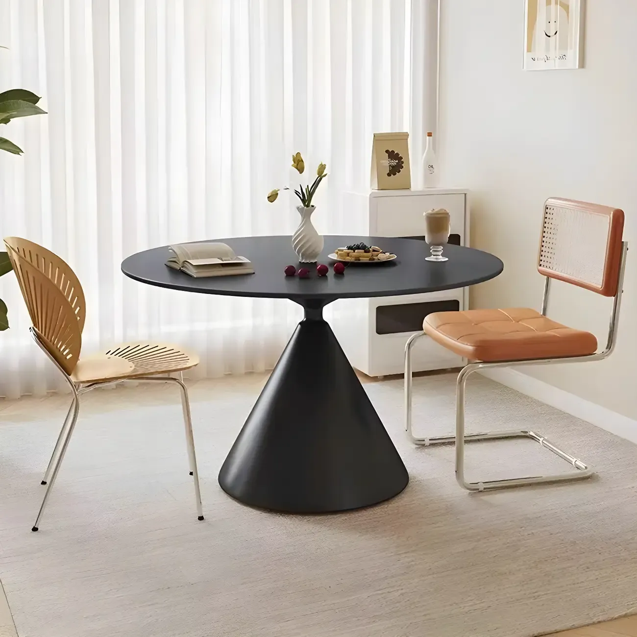 Round Stone Top Dining Table with Metal Base for Small Space Image - 1