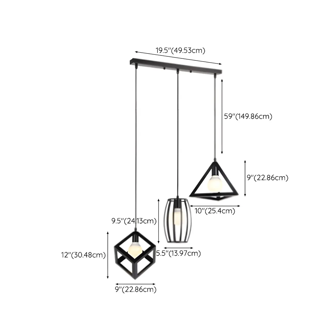 Industrial Black Metal Geometric Pendant Light for Kitchen Island #size