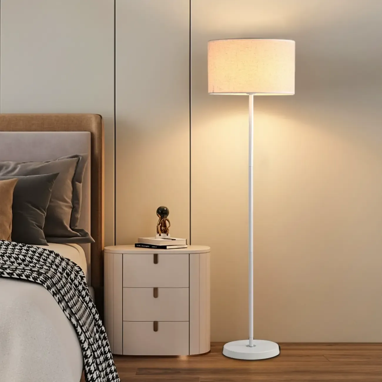 55" Modern Fabric Barrel Black Metal Floor Lamp Image - 3