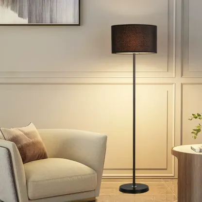 55" Modern Fabric Barrel Black Metal Floor Lamp Image - 6