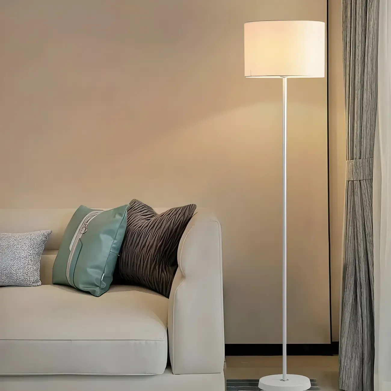 55" Modern Fabric Barrel Black Metal Floor Lamp Image - 7