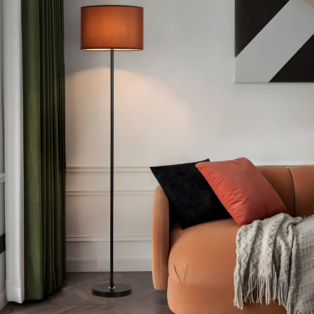 55" Modern Fabric Barrel Black Metal Floor Lamp Image - 13 | homeyfad