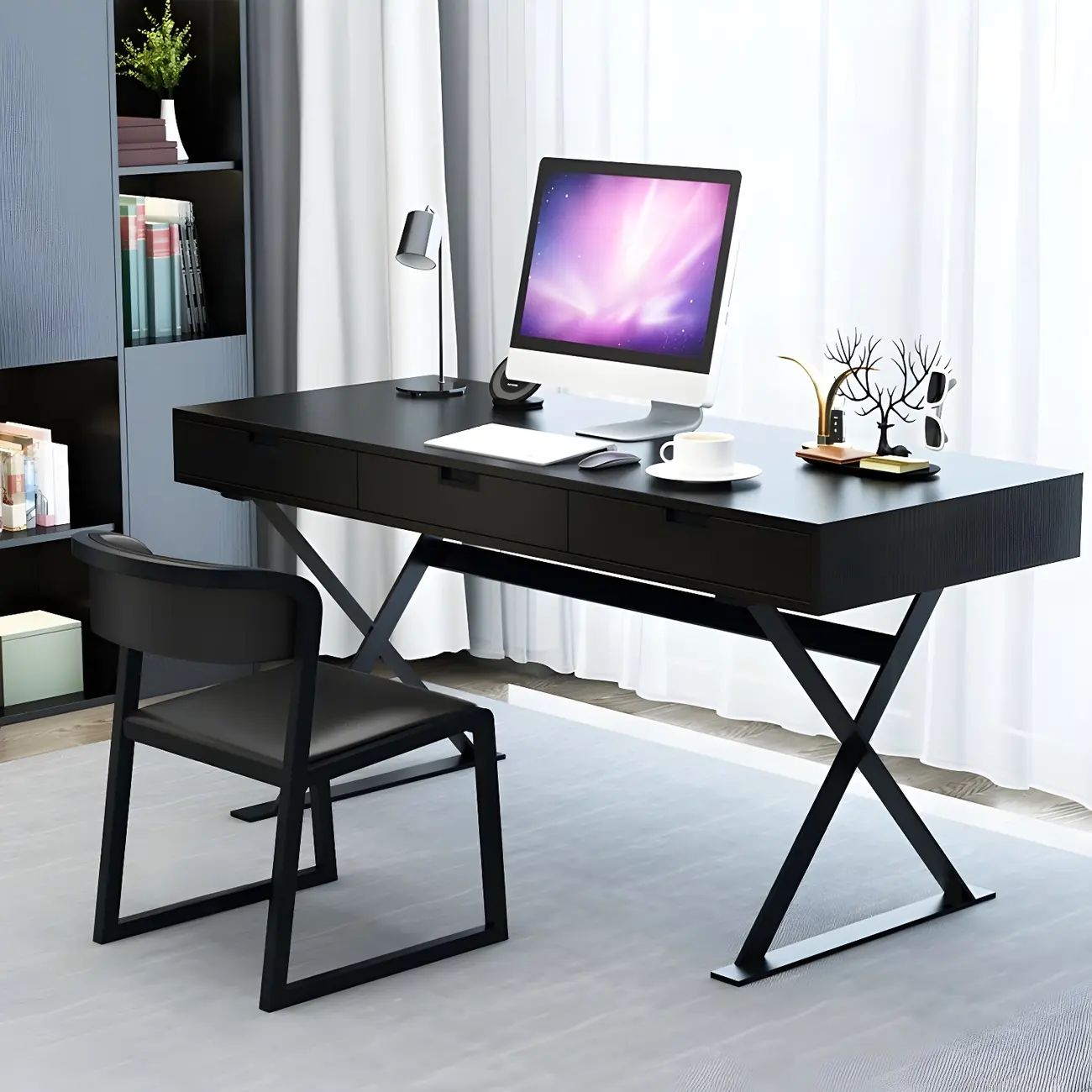 3-Drawers Solid Black Wooden X-Leg Office Desk Image - 1 | homeyfad