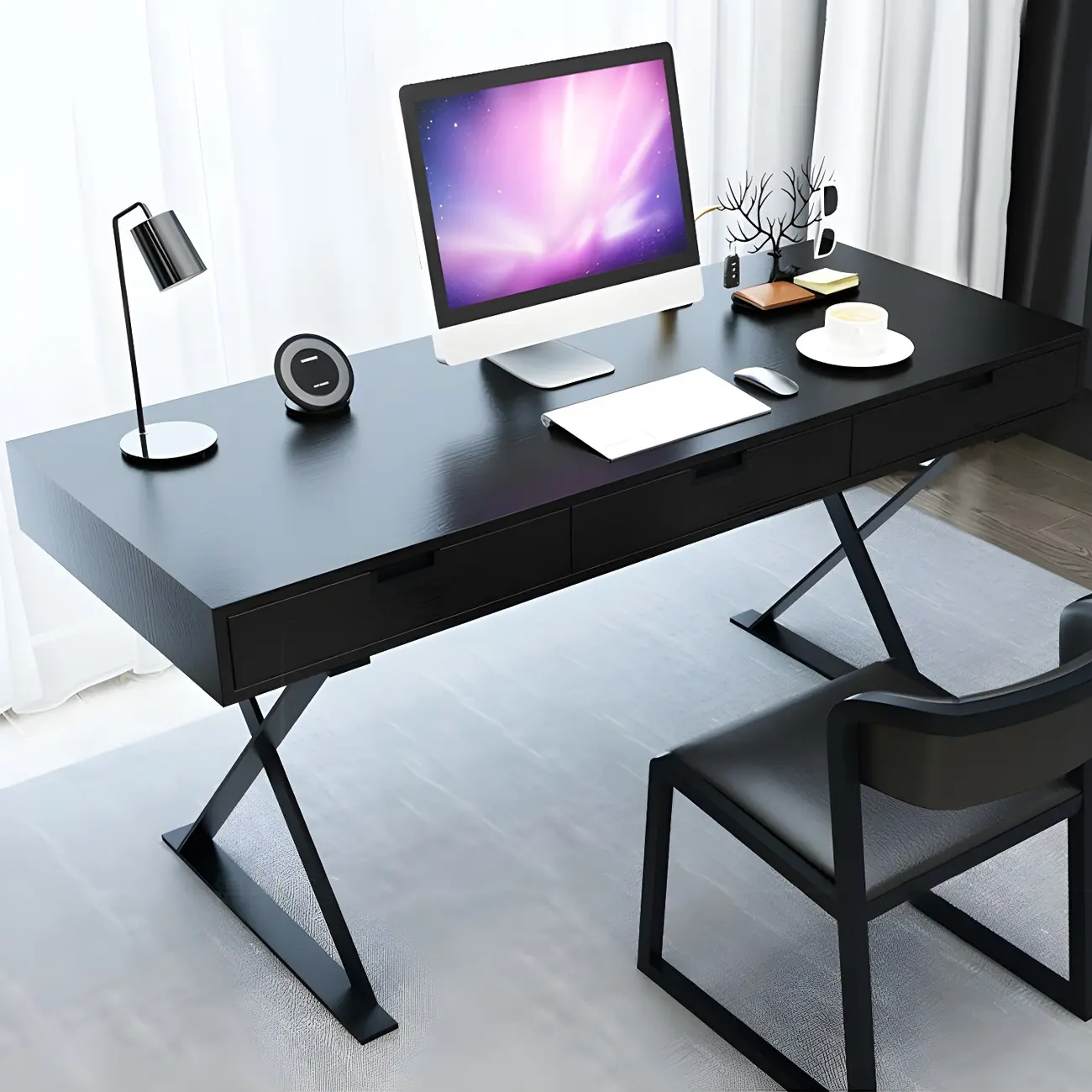 3-Drawers Solid Black Wooden X-Leg Office Desk Image - 2 | homeyfad