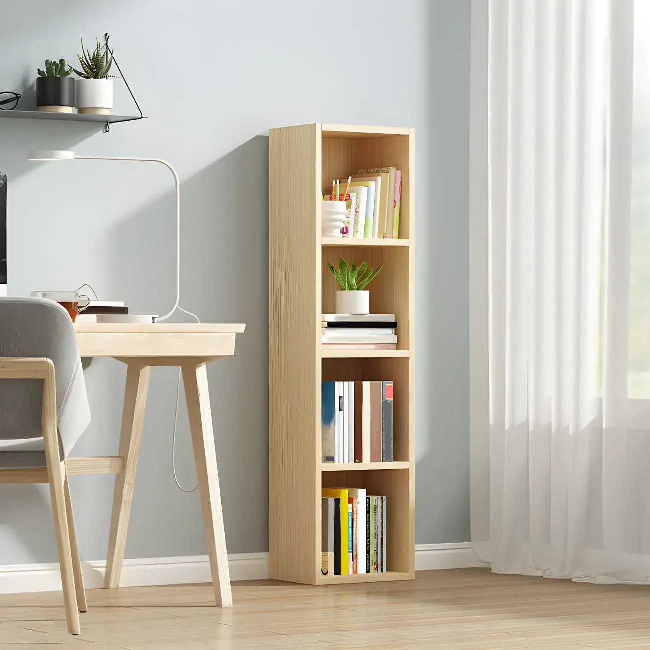 Contemporary Wood 5-Tier Natural Vertical Bookcase Image - 5