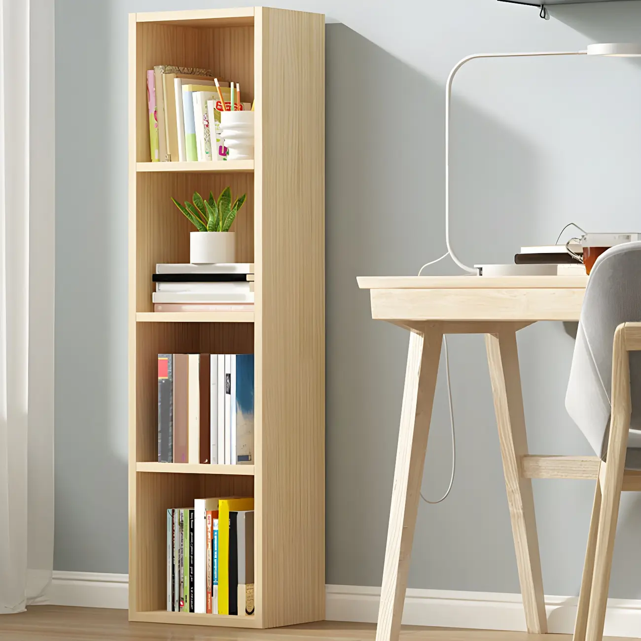 Contemporary Wood 5-Tier Natural Vertical Bookcase Image - 8 | homeyfad