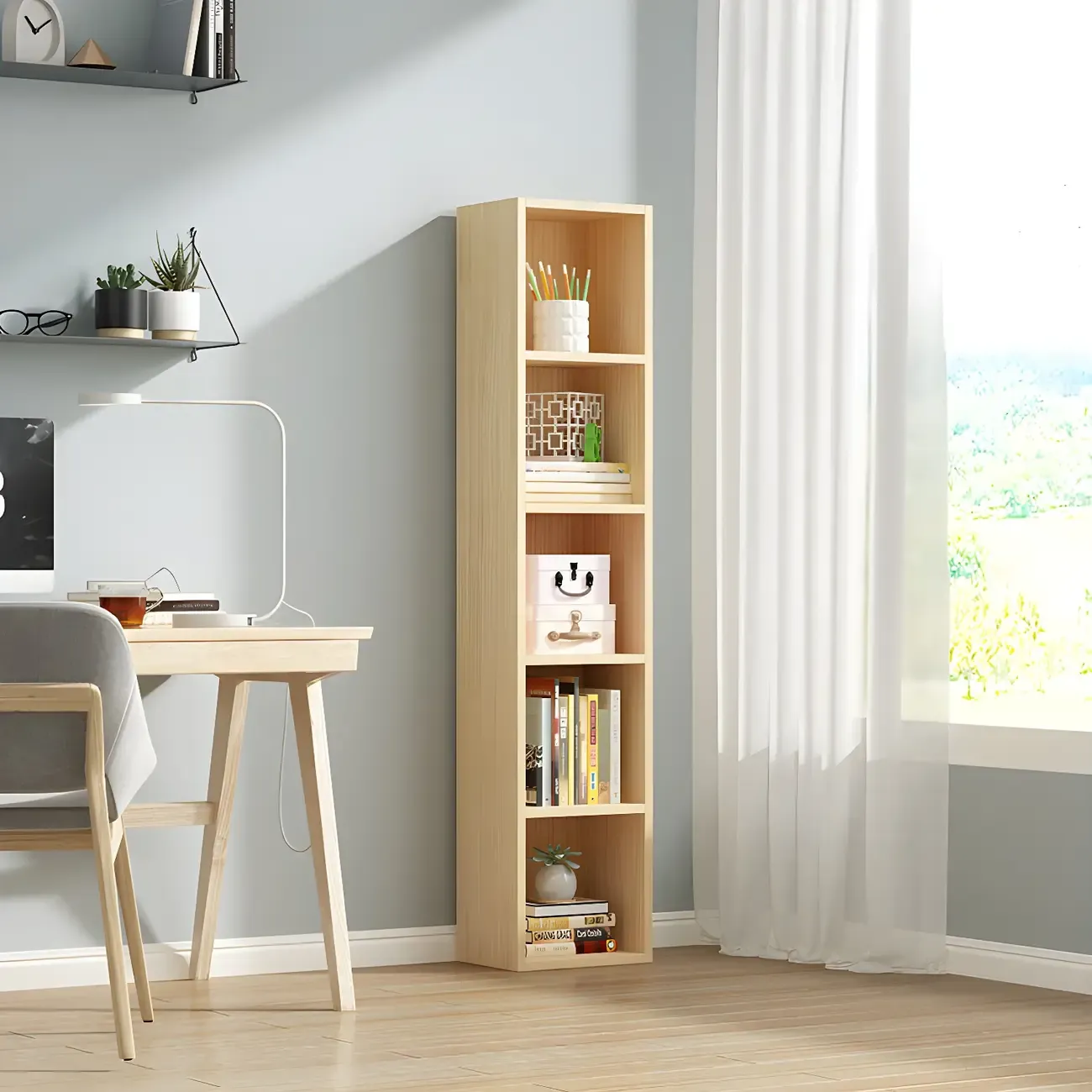 Contemporary Wood 5-Tier Natural Vertical Bookcase Image - 9