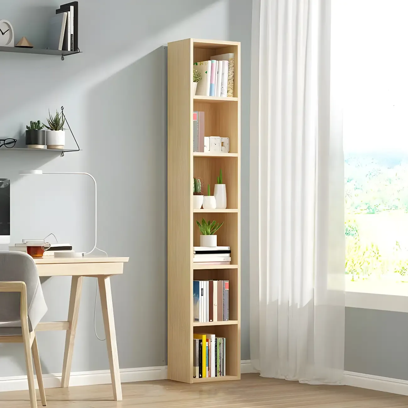 Contemporary Wood 5-Tier Natural Vertical Bookcase Image - 14