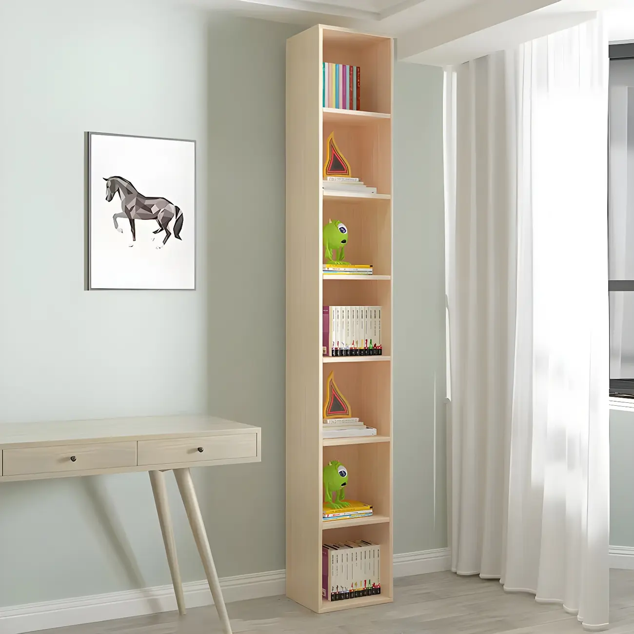 Contemporary Wood 5-Tier Natural Vertical Bookcase Image - 17 | homeyfad