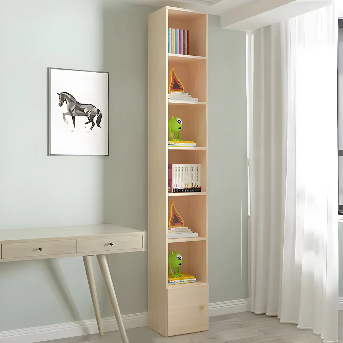 Contemporary Wood 5-Tier Natural Vertical Bookcase Image - 19 | homeyfad