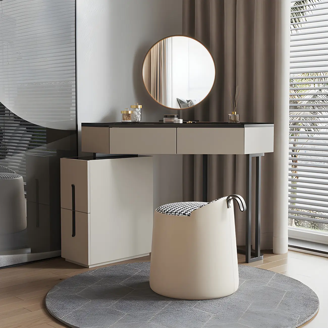 Corner Glass Top Grey Makeup Vanity with Mirror Image - 1 | homeyfad