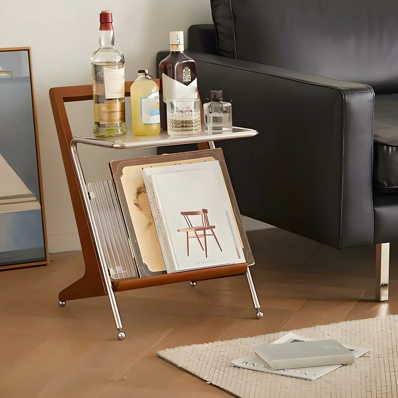 Unique Z-Shaped Solid Wood Glass Display Small Side Table Image - 1