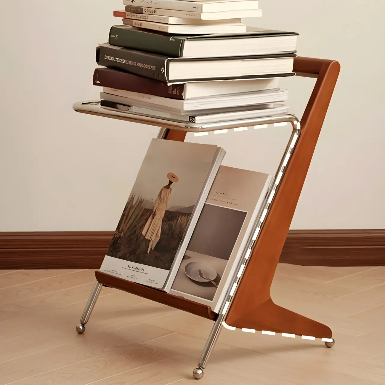 Unique Z-Shaped Solid Wood Glass Display Small Side Table Image - 4