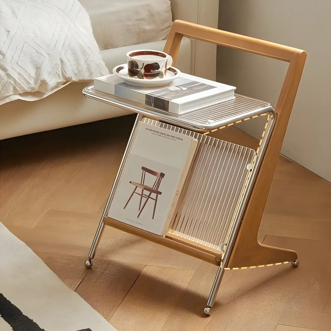 Modern Z-shaped Wooden Glass Top Side Table with Magazine Rack | HomeyFad