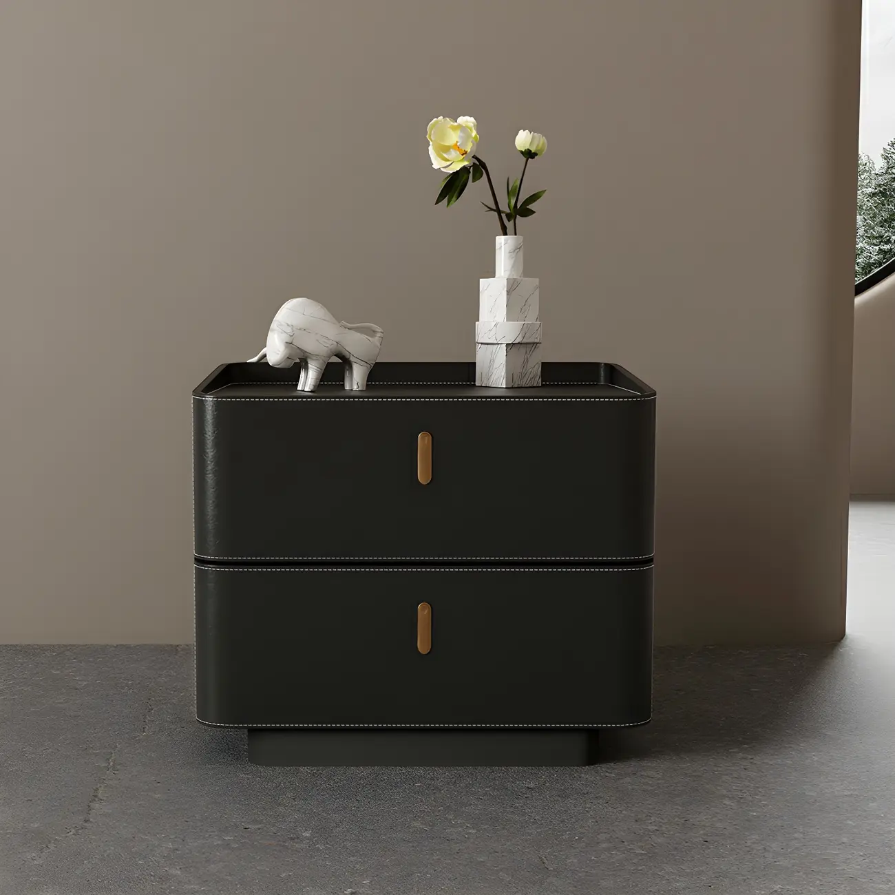 Modern Black Faux Leather Top Wood 2-Drawer Nightstand Image - 1 | homeyfad