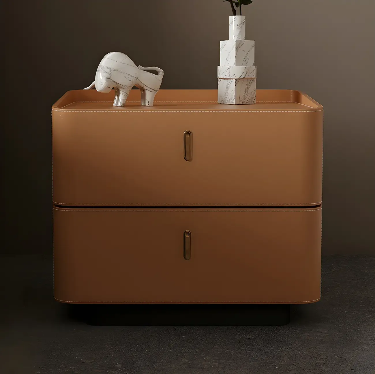 Modern Black Faux Leather Top Wood 2-Drawer Nightstand Image - 3