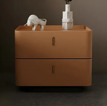 Modern Black Faux Leather Top Wood 2-Drawer Nightstand Image - 3