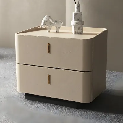 Modern Black Faux Leather Top Wood 2-Drawer Nightstand Image - 4