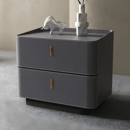 Modern Black Faux Leather Top Wood 2-Drawer Nightstand Image - 7