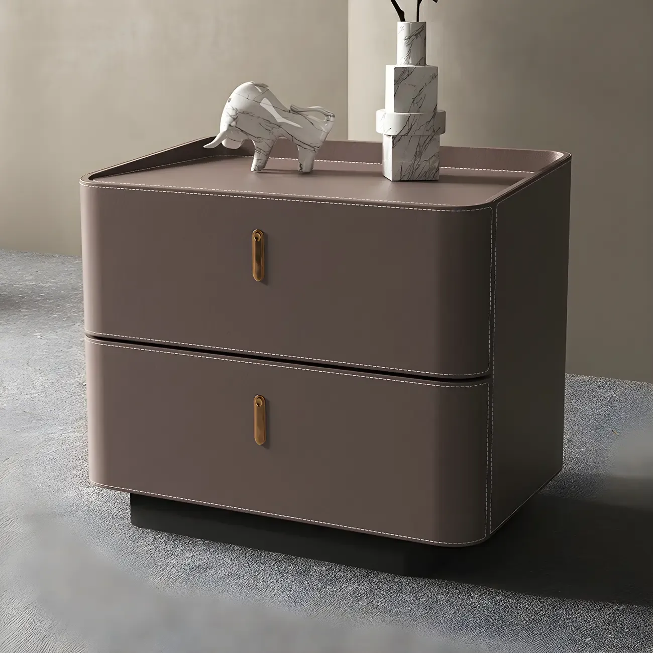 Modern Black Faux Leather Top Wood 2-Drawer Nightstand Image - 11