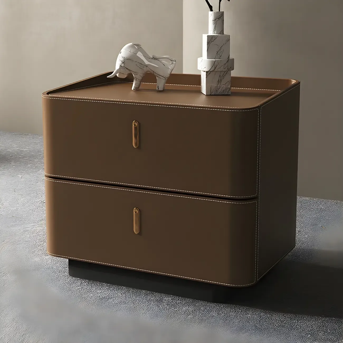 Modern Black Faux Leather Top Wood 2-Drawer Nightstand Image - 13