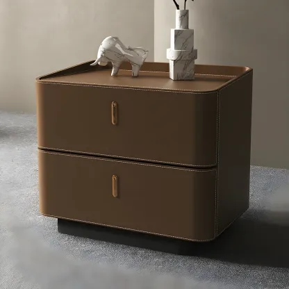 Modern Black Faux Leather Top Wood 2-Drawer Nightstand Image - 13