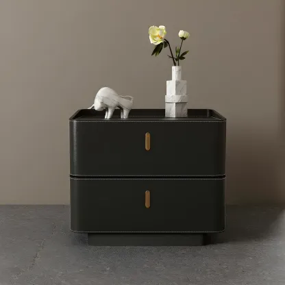 Modern Black Faux Leather Top Wood 2-Drawer Nightstand Image - 17