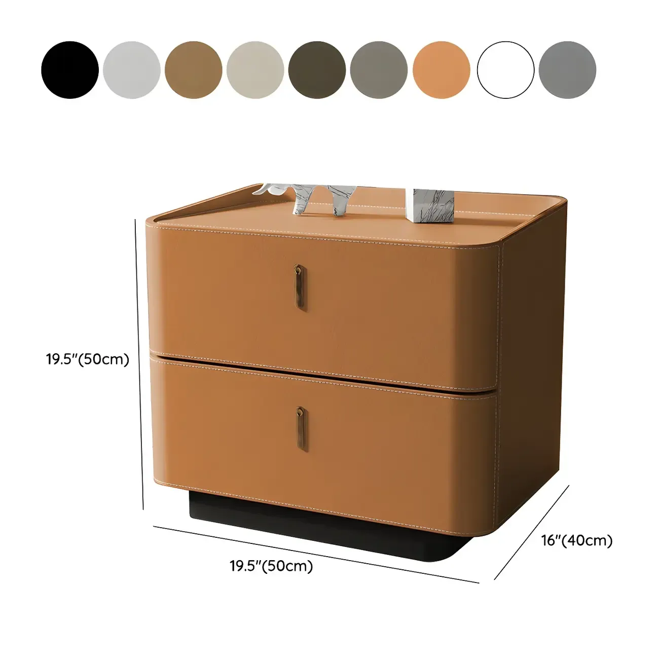 Modern Black Faux Leather Top Wood 2-Drawer Nightstand #size