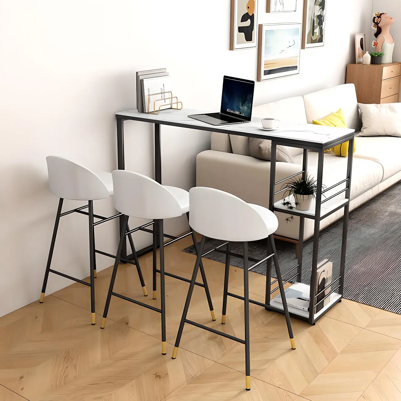 Modern Stone Top Metal 2-Shelf Bar Table for Kitchen Pub Image - 2 | homeyfad