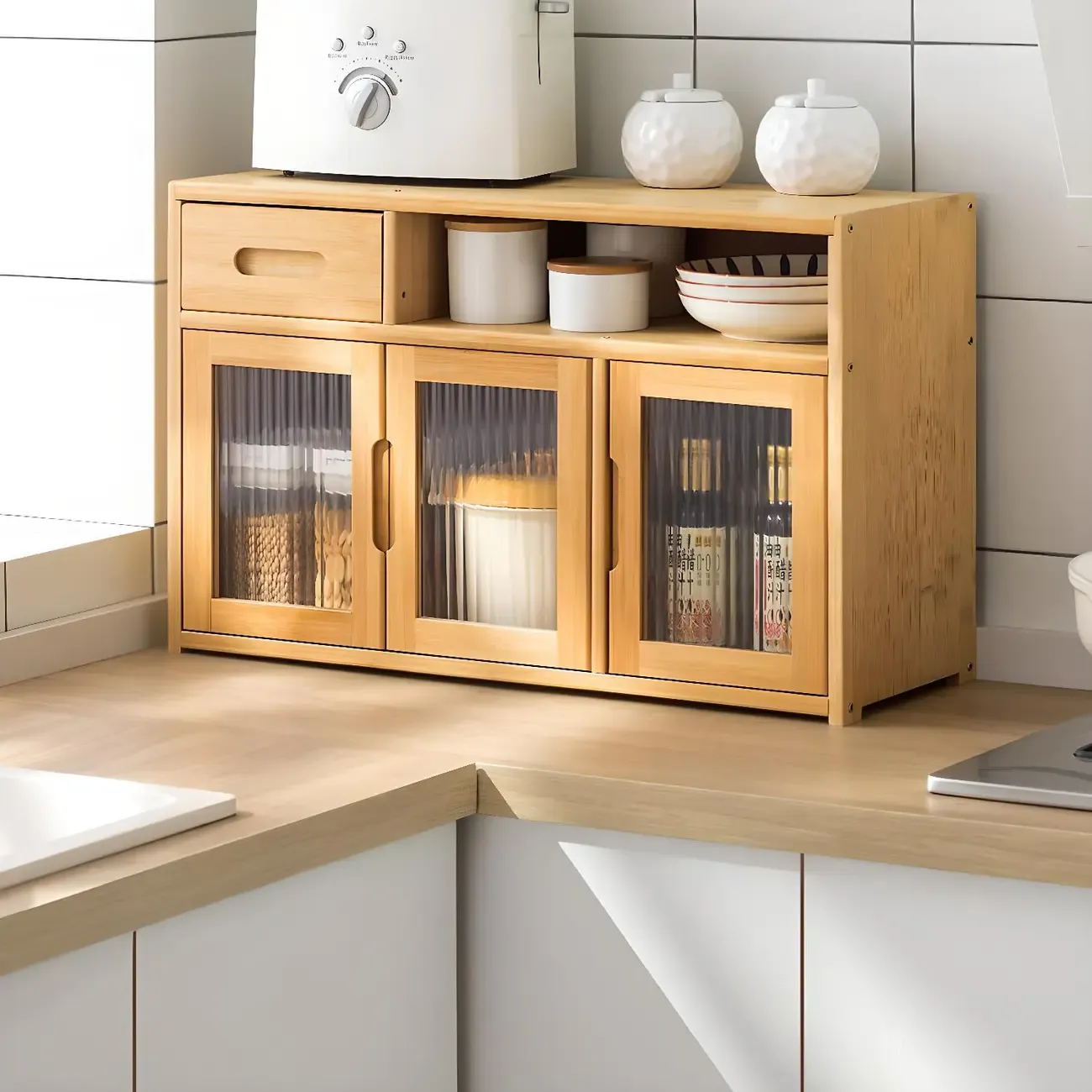 Modern Bamboo Display Cabinet with Acrylic Doors Image - 1