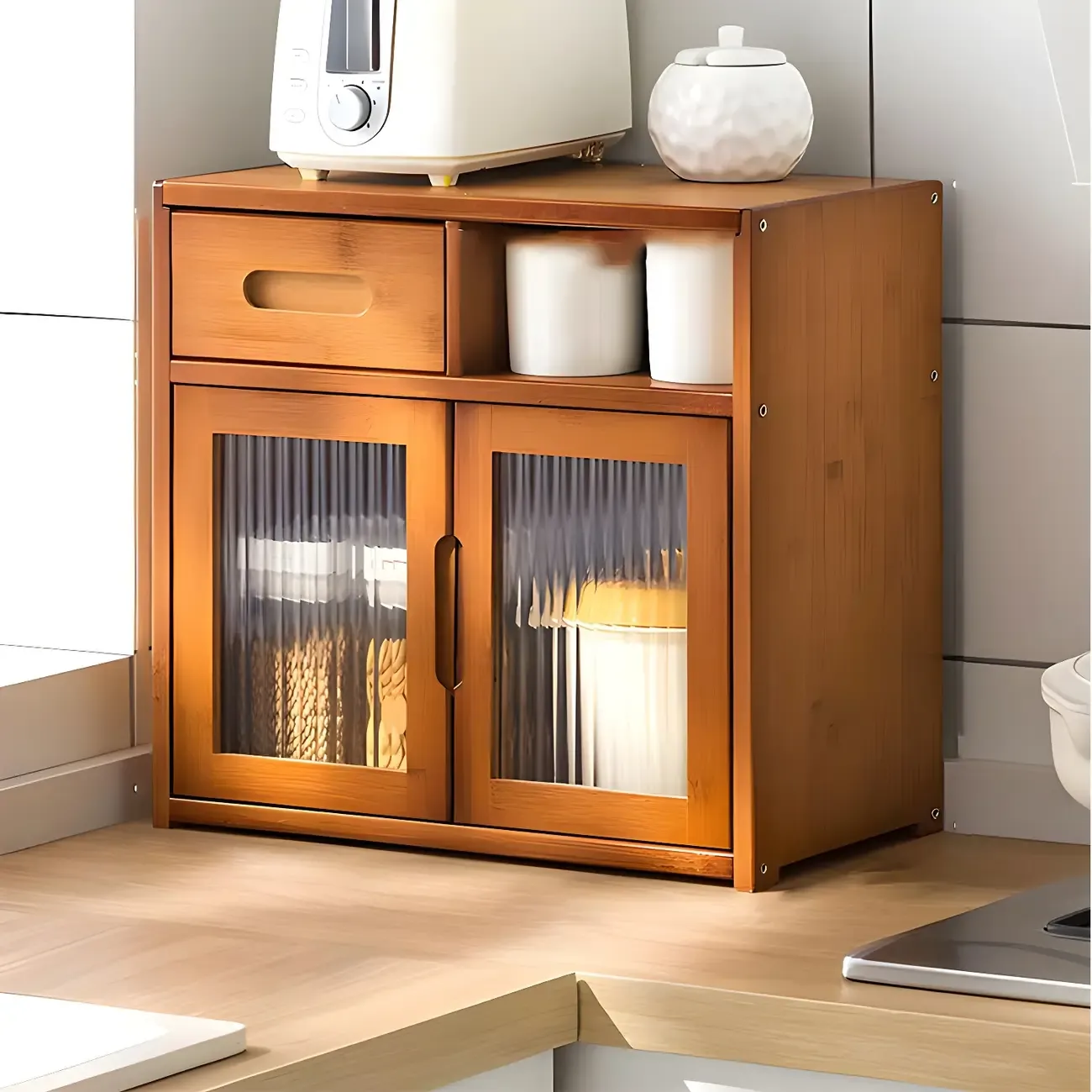 Modern Bamboo Display Cabinet with Acrylic Doors Image - 2