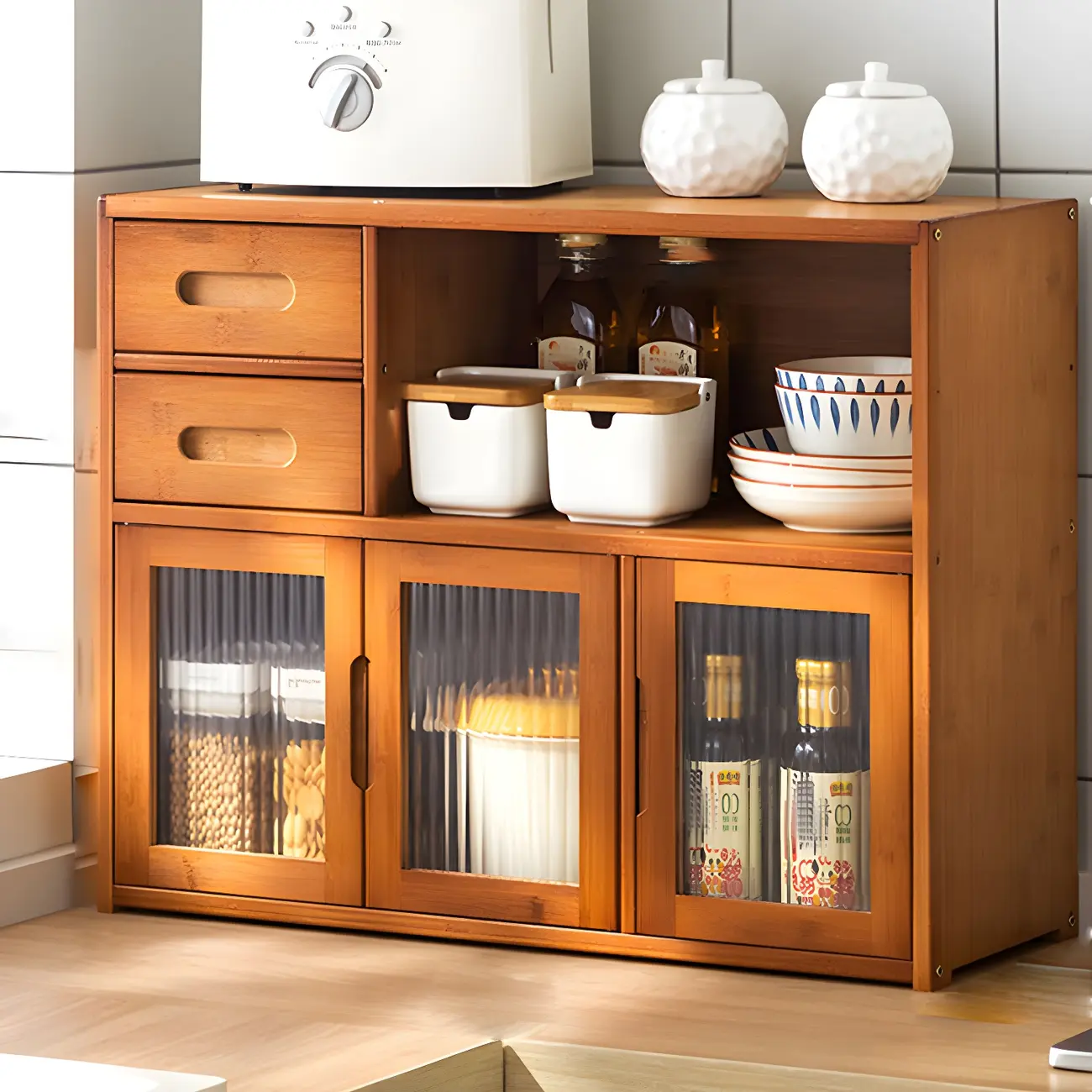 Modern Bamboo Display Cabinet with Acrylic Doors Image - 3 | homeyfad