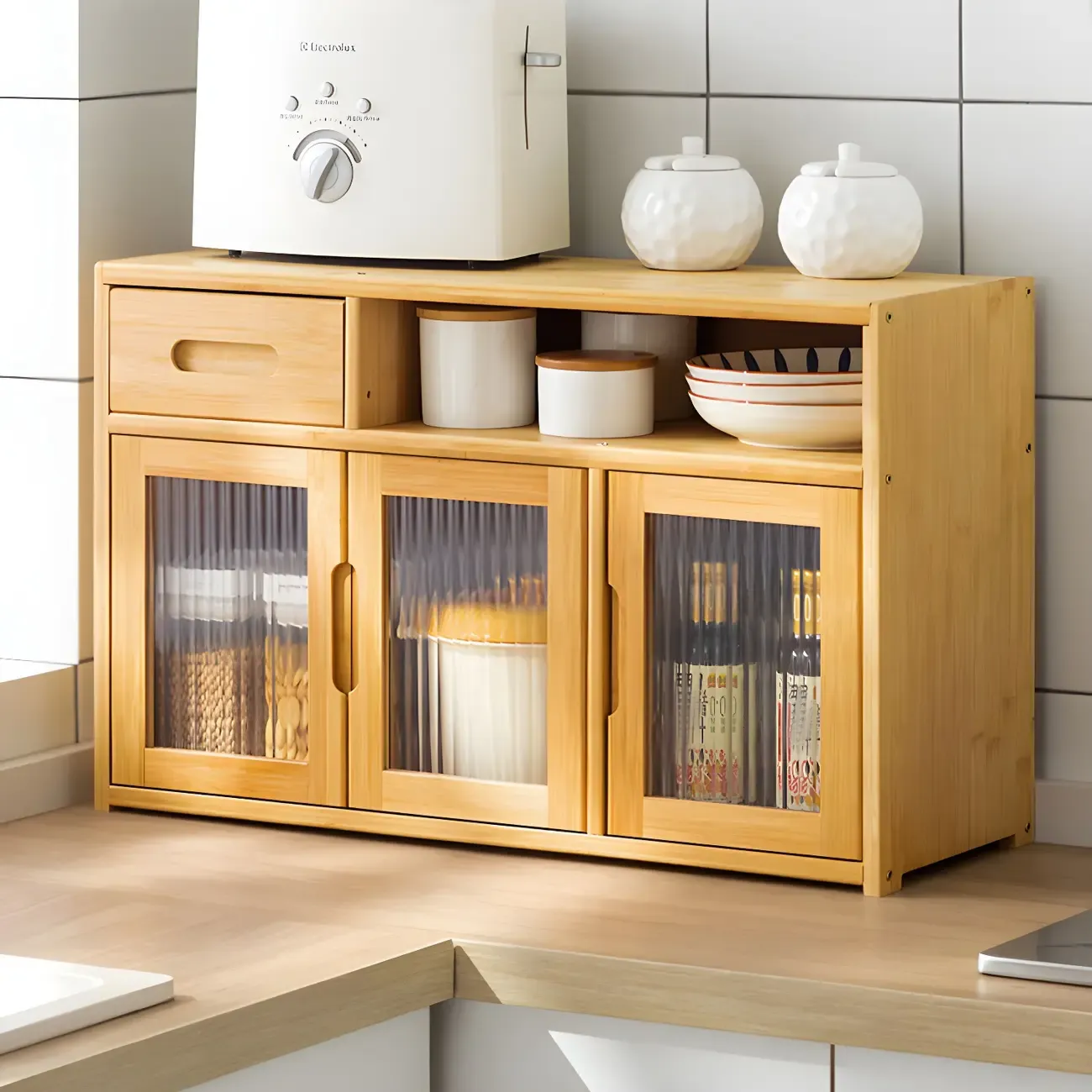 Modern Bamboo Display Cabinet with Acrylic Doors Image - 7