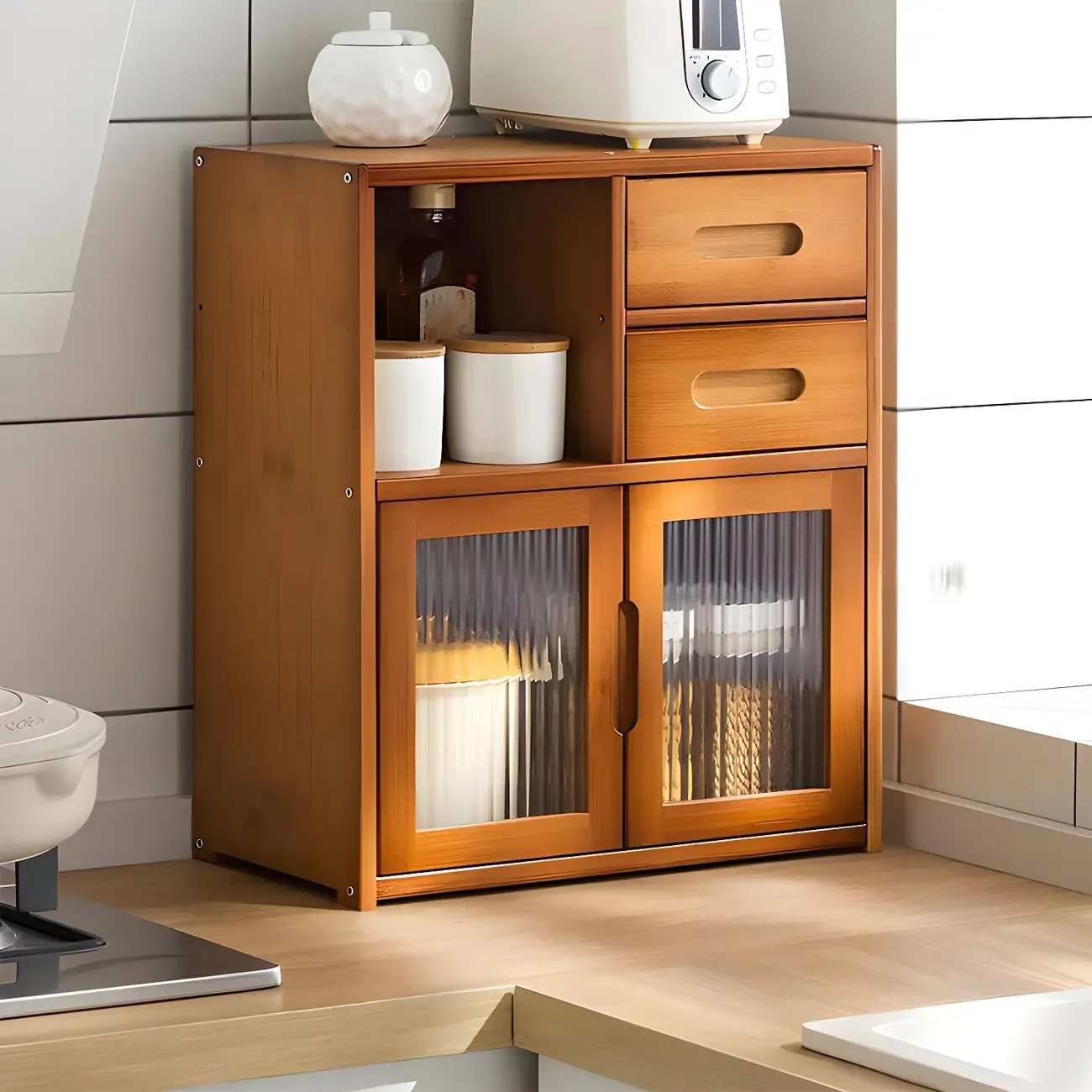 Modern Bamboo Display Cabinet with Acrylic Doors Image - 11