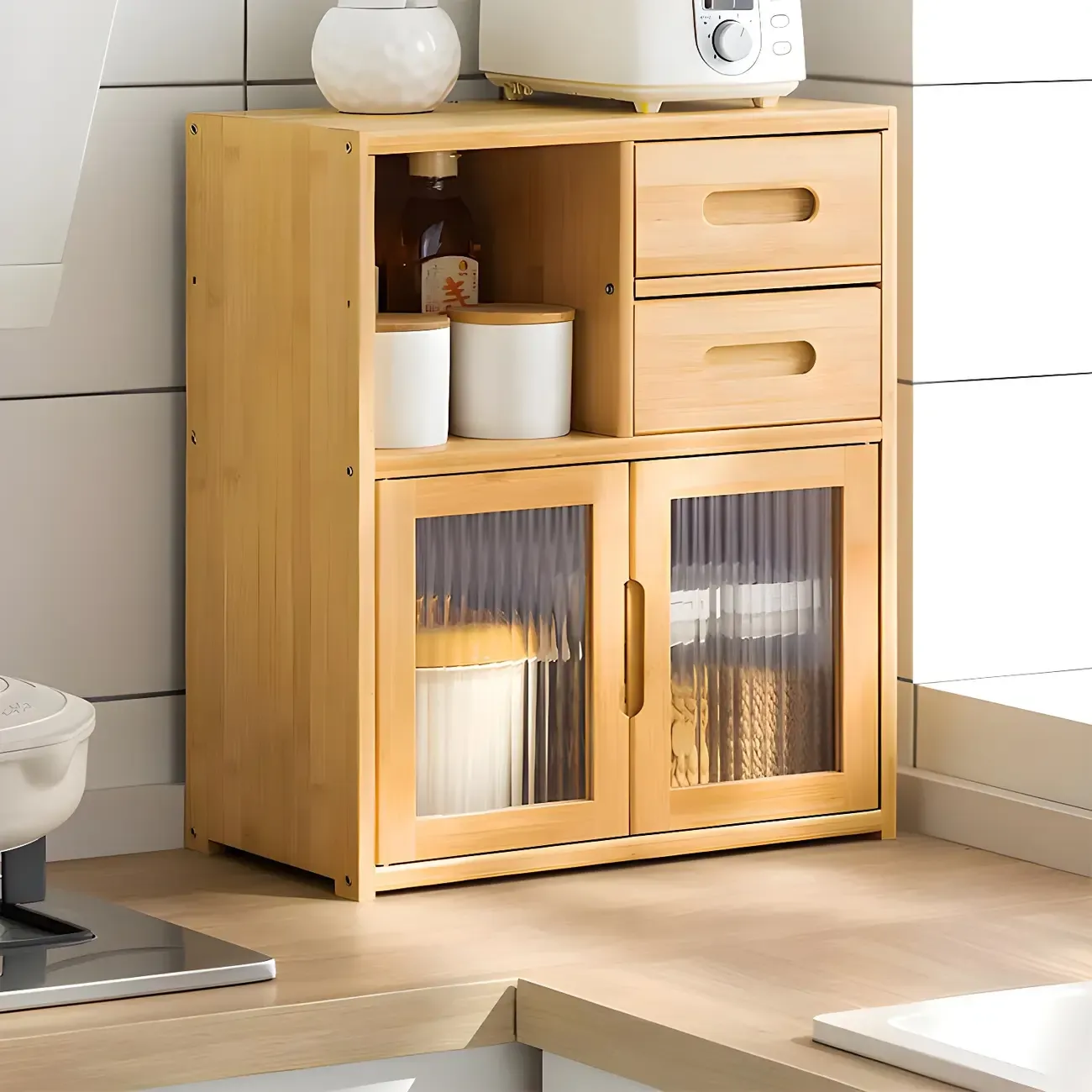 Modern Bamboo Display Cabinet with Acrylic Doors Image - 12