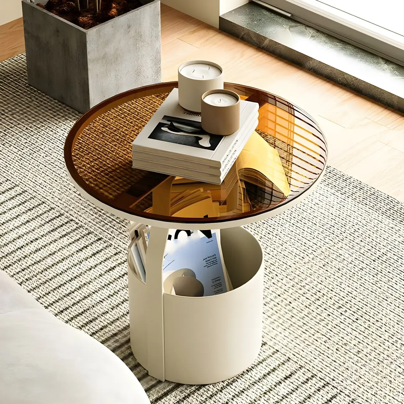Nordic Round Glass End Table with Drum Base and Storage Image - 2