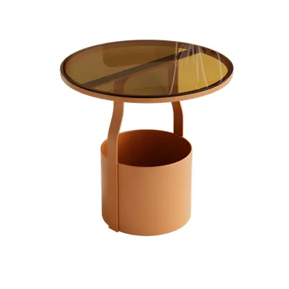 Nordic Round Glass End Table with Drum Base and Storage Image - 4