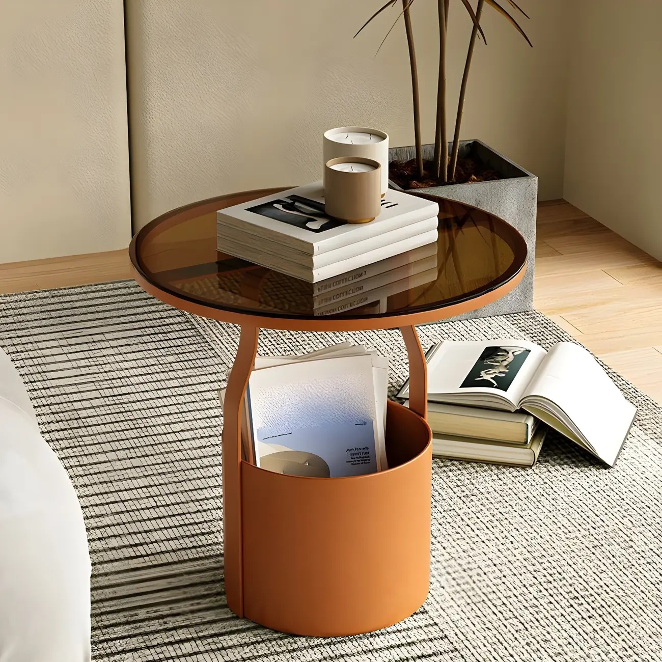 Nordic Round Glass End Table with Drum Base and Storage Image - 1 | homeyfad