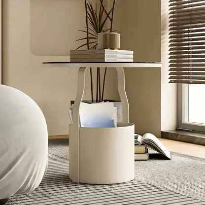 Nordic Round Glass End Table with Drum Base and Storage Image - 6
